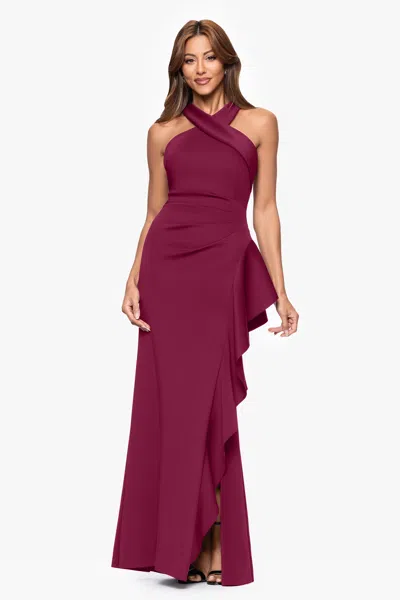 Xscape Evenings "gigi" Techno Scuba Cross Neck Ruffle Floor Length Dress In Burgundy