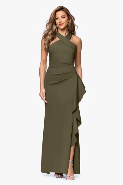 Xscape Evenings "gigi" Techno Scuba Cross Neck Ruffle Floor Length Dress In Green