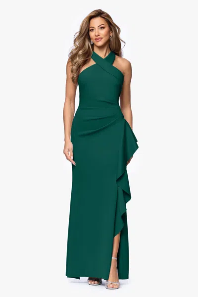 Xscape Evenings "gigi" Techno Scuba Cross Neck Ruffle Floor Length Dress In Green