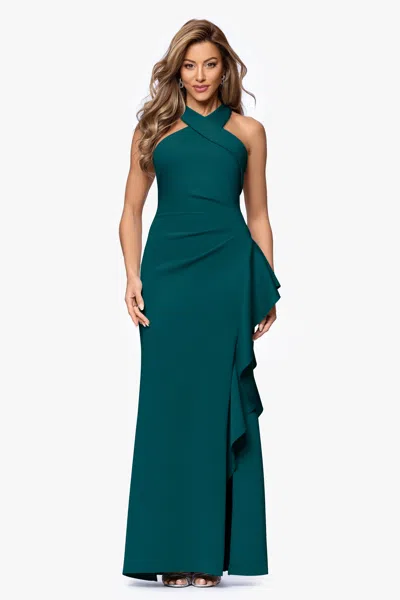 Xscape Evenings "gigi" Techno Scuba Cross Neck Ruffle Floor Length Dress In Green