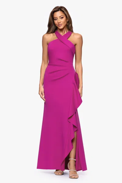 Xscape Evenings "gigi" Techno Scuba Cross Neck Ruffle Floor Length Dress In Purple