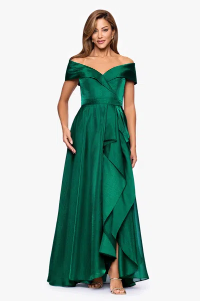 Xscape Evenings "gina" Organza Off The Shoulder Ruffle Floor Length Dress In Green