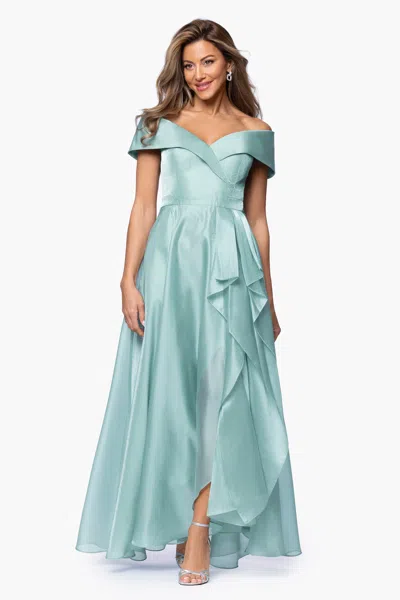 Xscape Evenings "gina" Organza Off The Shoulder Ruffle Floor Length Dress In Green
