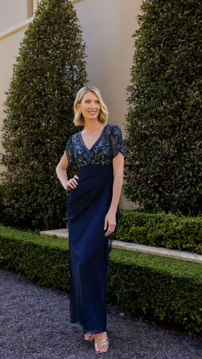 Xscape Evenings "giselle" Sheer Jersey Beaded V-neck Floor Length Dress In Blue