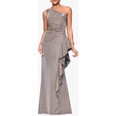 XSCAPE EVENINGS XSCAPE EVENINGS GLITTER GALAXY RUFFLE ONE-SHOULDER GOWN