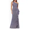 Xscape Evenings Glitter Galaxy Ruffle One-shoulder Gown In Blue