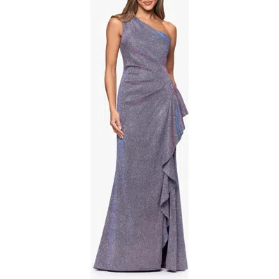 Xscape Evenings Glitter Galaxy Ruffle One-shoulder Gown In Blue