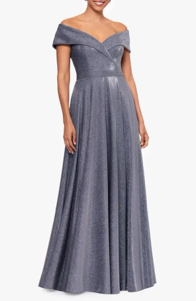 Xscape Evenings Glitter Off The Shoulder Gown In Gunmetal