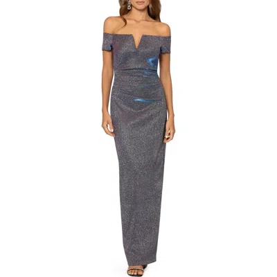 Xscape Evenings Glitter Off The Shoulder Ruched Gown In Gray