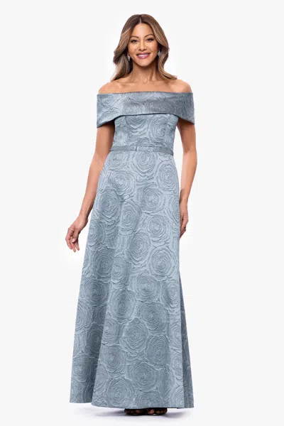 Xscape Evenings "gloria" Brocade Off The Shoulder Floor Length Dress In Gray