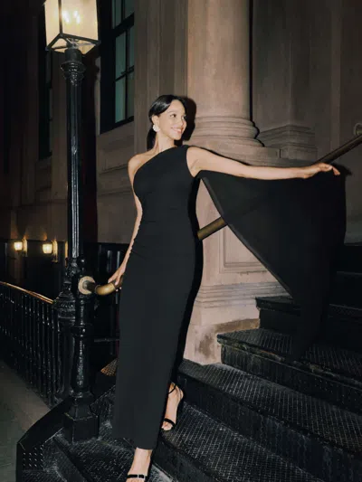 Xscape Evenings "grace" Scuba Crepe And Chiffon Cascading One Shoulder Shash Floor Length Dress In Black
