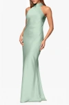 Xscape Evenings Halter Neck Satin Sheath Gown In Green