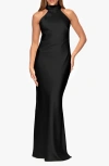 Xscape Evenings Halter Neck Satin Sheath Gown In Black