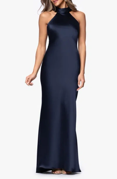 Xscape Evenings Halter Neck Satin Sheath Gown In Blue