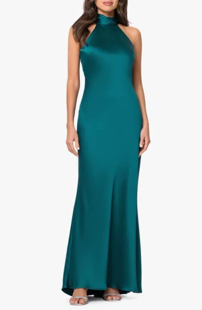Xscape Evenings Halter Neck Satin Sheath Gown In Green