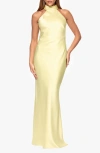 Xscape Evenings Halter Neck Satin Sheath Gown In Lemon