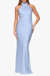 Xscape Evenings Halter Neck Satin Sheath Gown In Light Blue