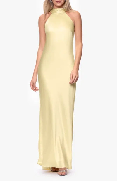 Xscape Evenings Halter Neck Satin Sheath Gown In Yellow