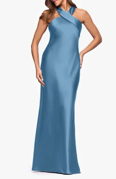 Xscape Evenings Halter Neck Satin Trumpet Gown In Blue