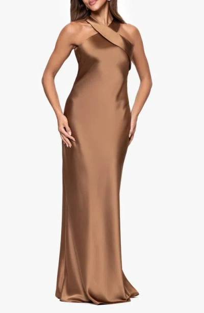 Xscape Evenings Halter Neck Satin Trumpet Gown In Brown