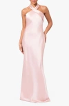 Xscape Evenings Halter Neck Satin Trumpet Gown In Rose/gold