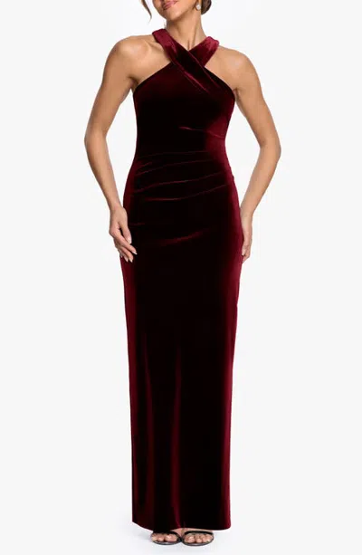 Xscape Evenings Halter Neck Stretch Velvet Gown In Burgundy