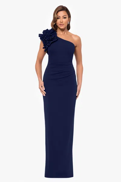 Xscape Evenings Ruffle One-shoulder Mermaid Gown In Navy