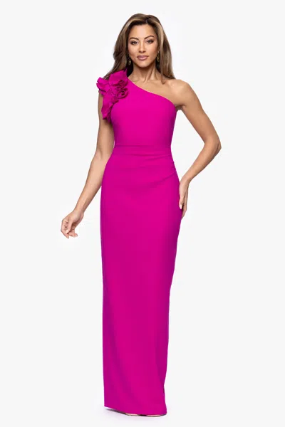 Xscape Evenings "harper" Scuba Crepe One Shoulder Ruffle Floor Length Dress In Pink