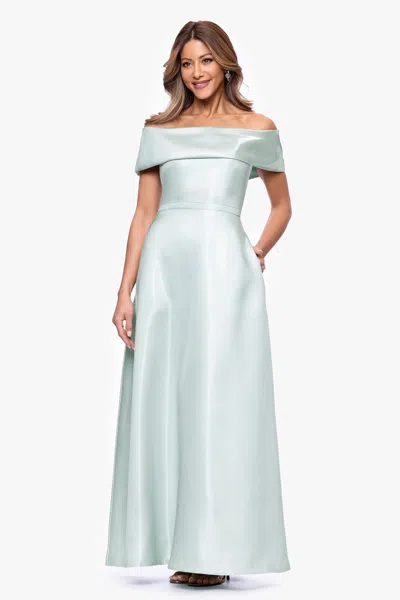 Xscape Evenings "helena" Mikado Off The Shoulder Floor Length Dress In Blue
