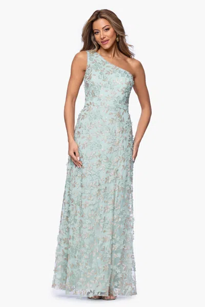 Xscape Evenings "irina" 3d Flower One Shoulder Floor Length Dress In Blue