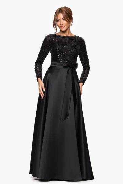 Xscape Evenings "isabel" Satin Skirt And Sequin Bodice Long Sleeve Floor Length Dress In Black