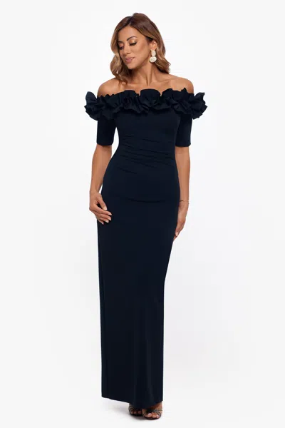 Xscape Evenings "isla" Long Crepe Off The Shoulder Ruffle Dress In Black