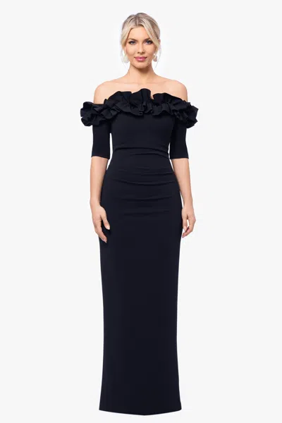 Xscape Evenings "isla" Long Crepe Off The Shoulder Ruffle Dress In Blue