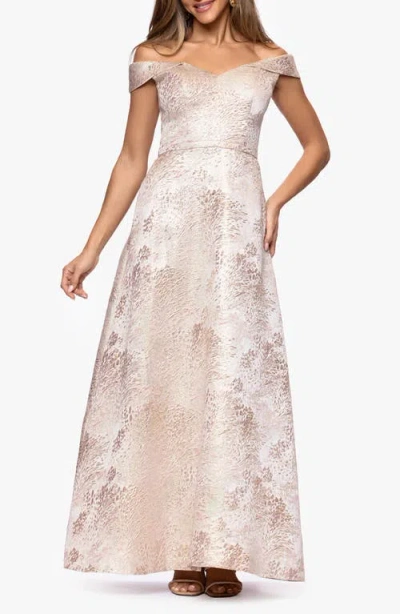 Xscape Evenings Jacquard Metallic Off The Shoulder Ballgown In Neutral