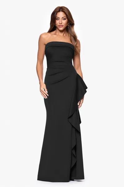 Xscape Evenings "jacqueline" Techno Scuba Strapless Ruffle Floor Length Dress In Black
