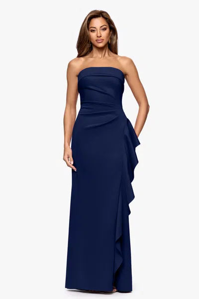Xscape Evenings "jacqueline" Techno Scuba Strapless Ruffle Floor Length Dress In Blue