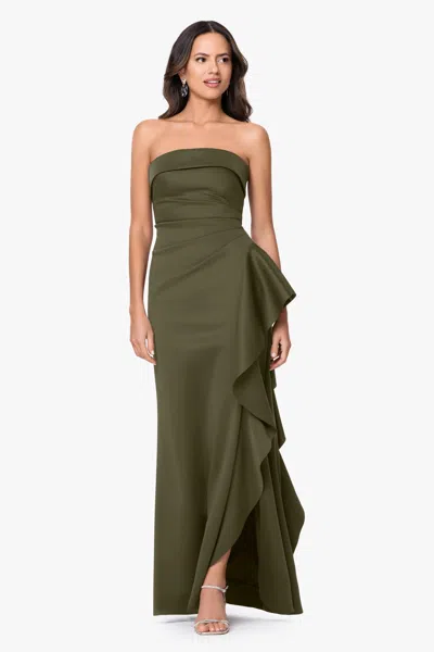 Xscape Evenings "jacqueline" Techno Scuba Strapless Ruffle Floor Length Dress In Green