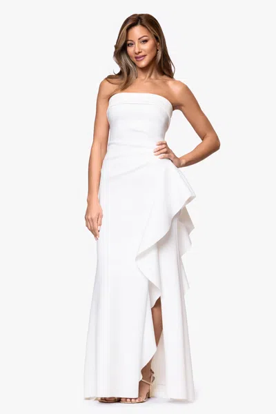 Xscape Evenings "jacqueline" Techno Scuba Strapless Ruffle Floor Length Dress In White