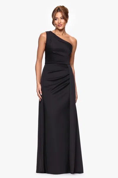 Xscape Evenings "jalen" Techno Scuba One Shoulder Back Drape Floor Length Dress In Black