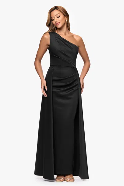 Xscape Evenings "jalen" Techno Scuba One Shoulder Back Drape Floor Length Dress In Black
