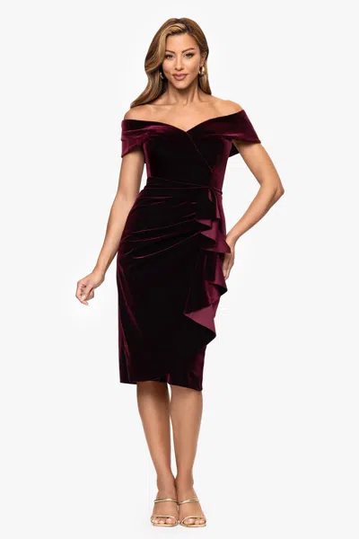 Xscape Evenings "jamie" Velvet Off The Shoulder Ruffle Waist Knee Length Dress In Burgundy