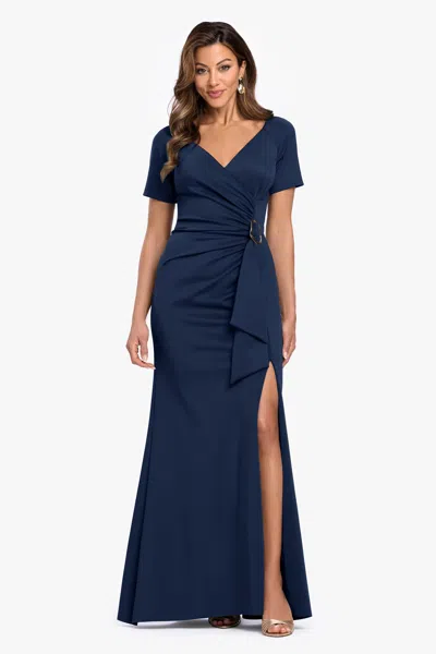 Xscape Evenings "jaslene" Techno Scuba V-neck Gold Detail Dress In Blue