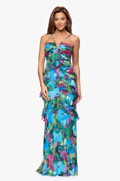 Xscape Evenings "jayla" Print Chiffon Tiered Ruffle Floor Length Dress In Multi
