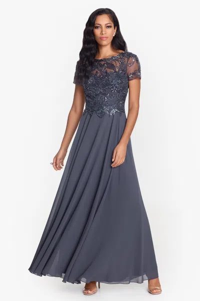 Xscape Evenings "jerri" Beaded Short Sleeve Chiffon Gown In Gray