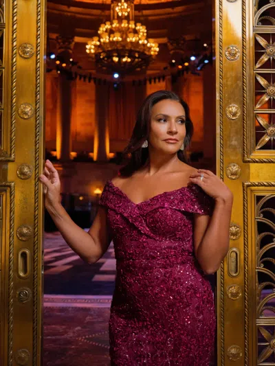 Xscape Evenings "jill" Off The Shoulder Long Lace Dress In Pink