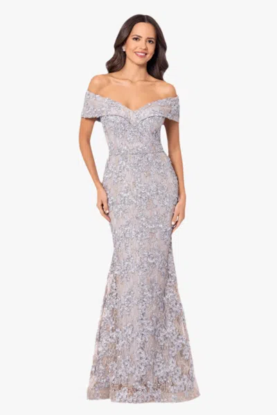 Xscape Evenings "jill" Off The Shoulder Long Lace Dress In Burgundy