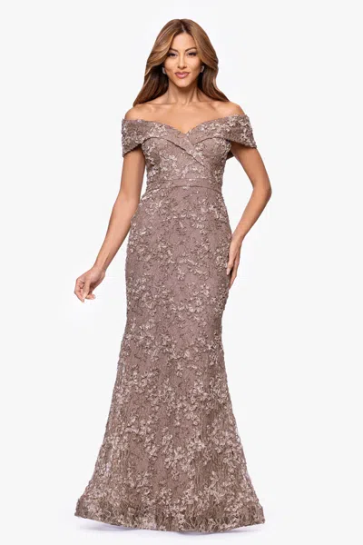 Xscape Evenings "jill" Off The Shoulder Long Lace Dress In Brown