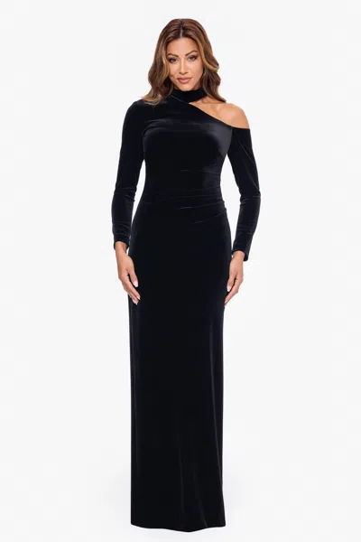 Xscape Evenings "julia" Long Velvet Cut Out Shoulder Dress In Blue
