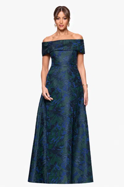 Xscape Evenings Off The Shoulder Brocade Ballgown In Blue