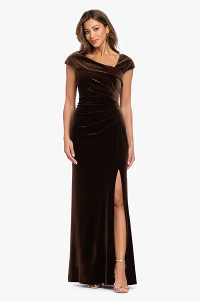 Xscape Evenings "katrina" Velvet Asymmetrical Neckline Cap Sleeve Dress In Brown